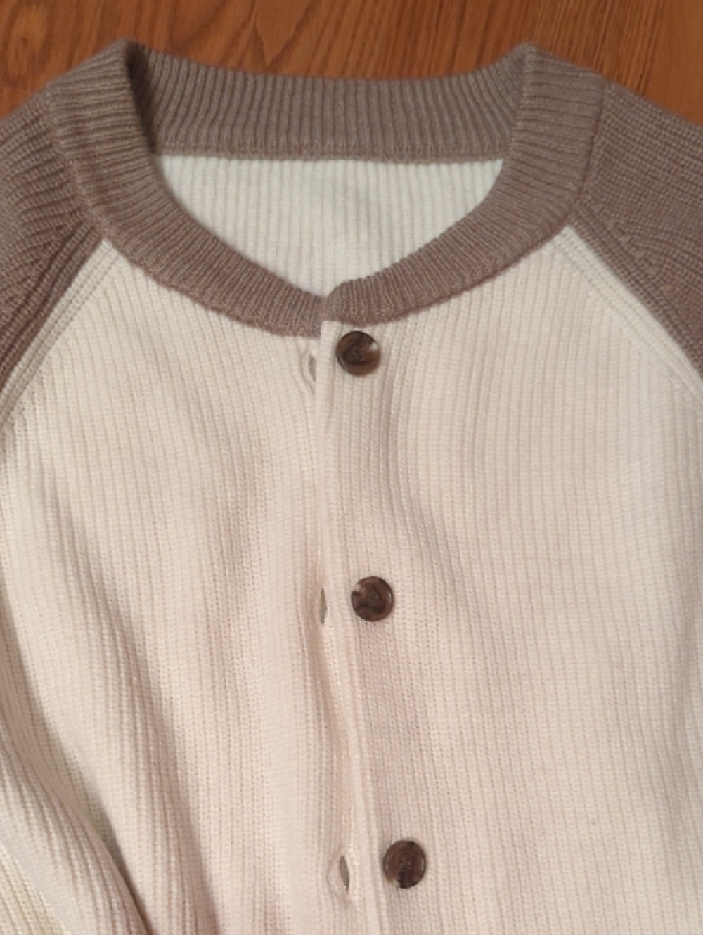 Neutral Two-Tone Raglan Button-Front Sweater - Cream & Taupe - Picture 2 of 4